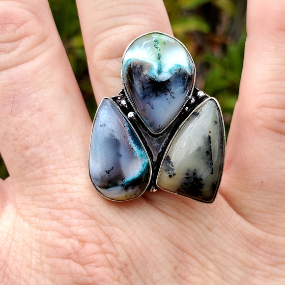 New Unique Multi Dendritic Opal 925 Silver Ring. - Picture 2 of 16